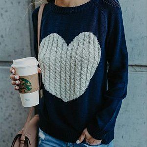 Women's Pullover Sweaters Long Sleeve Crewneck Cute Heart Knitted Sweaters